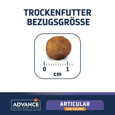 Trockenfutter Bezugsgrösse: Krokette mit Durchmesser von ca. 1 cm. Marke: Advance Veterinary Diets, Produktname: Articular Low Calorie.