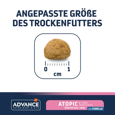 Angepasste Grösse des Trockenfutters, Durchmesser ca. 1 cm. Advance Veterinary Diets Atopic & Food Sensitivity Medium Maxi +10 kg mit Forelle.