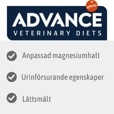 ADVANCE VETERINARY DIETS, affinity. Anpassad magnesiumhalt, Urinförsurande egenskaper, Lättsmält.