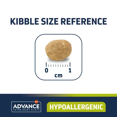 Veľkosť granuly s mierkou 0–1 cm, text: Kibble Size Reference. Advance Veterinary Diets Hypoallergenic.