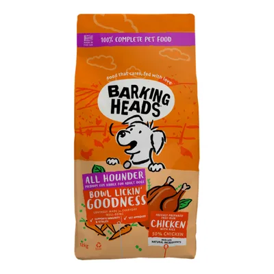 Barking Heads All Hounder medium size kibble, bowl lickin' goodness, supports immunity and vitality, vet approved, freshly prepared free-run chicken with rice, 50% chicken.