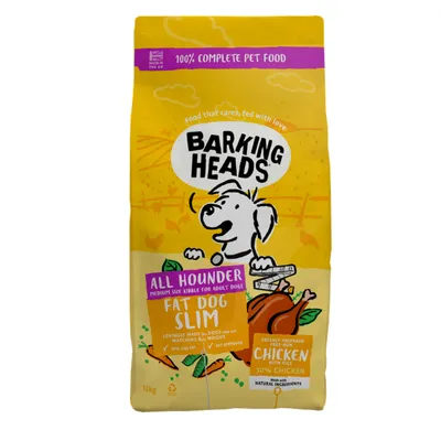 Barking Heads All Hounder Fat Dog Slim, medium size kibble for adult dogs, freshly prepared free-run chicken with rice, 50% chicken, made in the UK, 100% complete pet food.