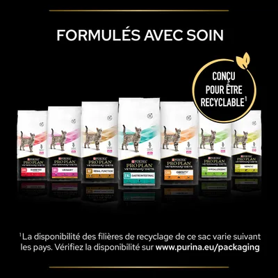 Gamme de croquettes PURINA PRO PLAN Veterinary Diets pour chats : DM Diabetes, UR Urinary, NF Renal Function, EN Gastrointestinal, OM Obesity, Hypoallergenic, HP Hepatic. Conçu pour être recyclable.