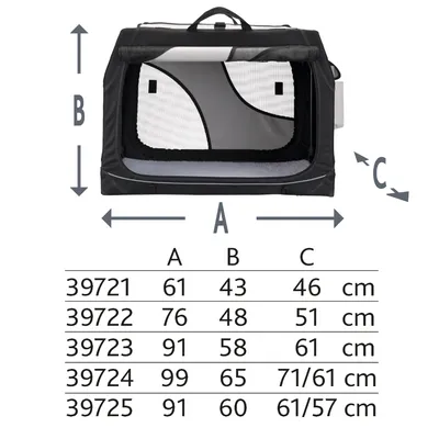 Storlekstabell för transportburar: modellnummer 39721 till 39725 med måtten A, B och C i cm. Exempel: 39721 - A: 61, B: 43, C: 46 cm.