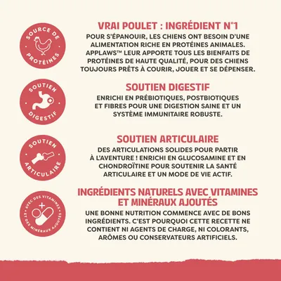 Véritable poulet comme ingrédient principal, soutien de la digestion et des articulations, ingrédients naturels enrichis en vitamines et minéraux, sans additifs artificiels. Véritable poulet comme ingrédient principal, soutien de la digestion et des articulations, ingrédients naturels enrichis en vitamines et minéraux, sans additifs artificiels.