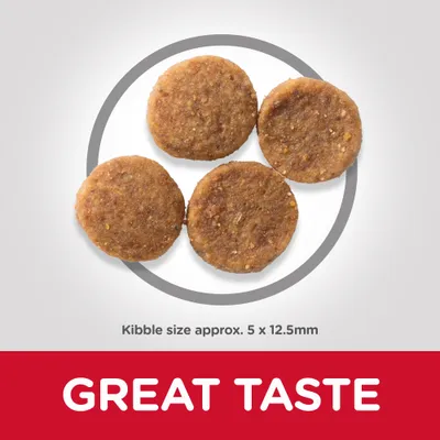 Four round kibbles shown with text stating kibble size approximately 5 by 12.5 millimetres and the phrase great taste.