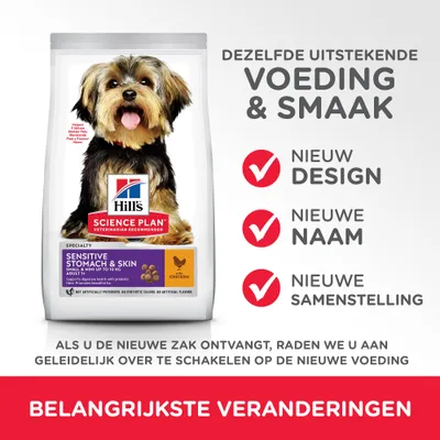 Hill's Science Plan Sensitive Stomach & Skin hondenvoer, kip. Tekst: dezelfde uitstekende voeding & smaak, nieuw design, nieuwe naam, nieuwe samenstelling, belangrijkste veranderingen.