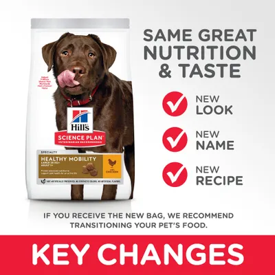 Hill's Science Plan Healthy Mobility Large 25 kg+ Adult 1–5 Chicken -koiranruoka. Teksti: Same great nutrition & taste, new look, new name, new recipe, key changes.