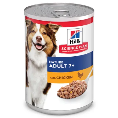 Boîte Hill's Science Plan Mature Adult 7+ with Chicken, image d'un chien et d'une cuillère de pâtée visible sur l'emballage. Texte en anglais uniquement.