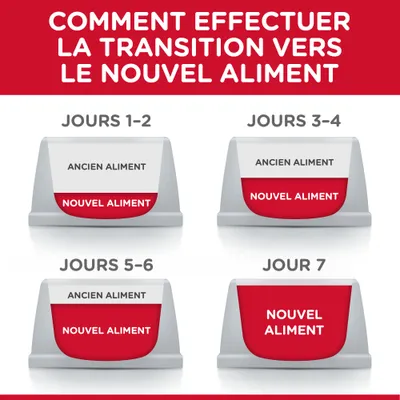 Guide visuel de transition alimentaire : Jours 1–2, 3–4, 5–6 mélange ancien et nouvel aliment ; Jour 7 uniquement nouvel aliment. Texte : COMMENT EFFECTUER LA TRANSITION VERS LE NOUVEL ALIMENT.