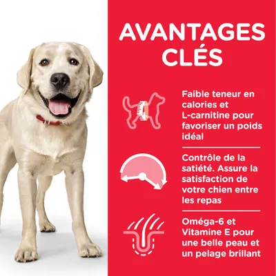 AVANTAGES CLÉS : faible teneur en calories et L-carnitine pour un poids idéal, contrôle de la satiété, oméga-6 et vitamine E pour une belle peau et un pelage brillant.