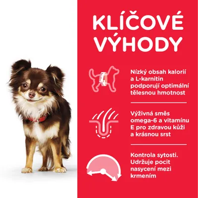 Text v češtine: Klíčové výhody. Nízký obsah kalorií a L-karnitin podporují optimální tělesnou hmotnost. Výživná směs omega-6 a vitamínu E pro zdravou kůži a krásnou srst. Kontrola sytosti.