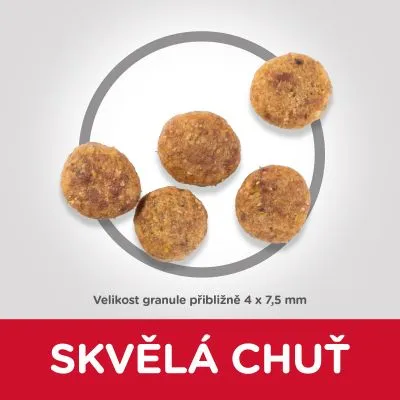 Pět granulí, velikost přibližně 4 × 7,5 mm. Text: SKVĚLÁ CHUŤ.