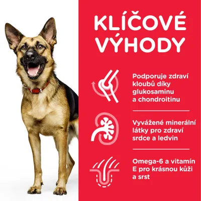 Text v češtine: Klíčové výhody. Podporuje zdraví kloubů díky glukosaminu a chondroitinu, vyvážené minerální látky pro zdraví srdce a ledvin, omega-6 a vitamín E pro krásnou kůži a srst.