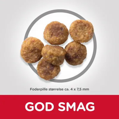 Foderpille størrelse ca. 4 x 7,5 mm. Tekst: GOD SMAG. Billedet viser seks runde foderpiller på hvid baggrund.