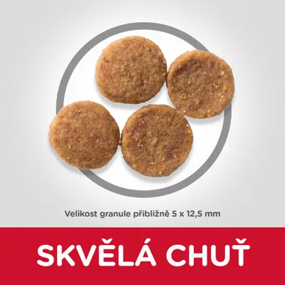 Čtyři kulaté granule, velikost přibližně 5 × 12,5 mm. Text: SKVĚLÁ CHUŤ.