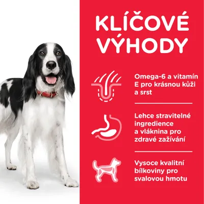 Klíčové výhody: Omega-6 a vitamín E pro krásnou kůži a srst, lehce stravitelné ingredience a vláknina pro zdravé zažívání, vysoce kvalitní bílkoviny pro svalovou hmotu.