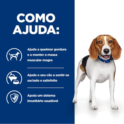 Texto: Como ajuda. Ajuda a queimar gordura e a manter a massa muscular magra. Ajuda o seu cão a sentir-se saciado e satisfeito. Apoia um sistema imunitário saudável.