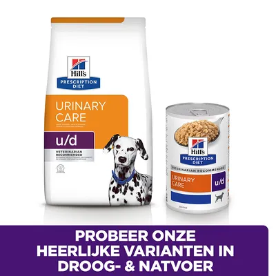 Hill's Prescription Diet Urinary Care u/d hondenvoer, droog- en natvoer verpakking. Tekst: Probeer onze heerlijke varianten in droog- & natvoer.