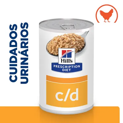 Lata de Hill's Prescription Diet c/d com imagem de comida húmida, texto 'CUIDADOS URINÁRIOS' e símbolo de galinha visíveis no rótulo.