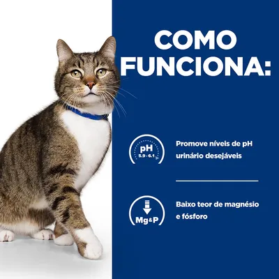 Texto: Como funciona. Promove níveis de pH urinário desejáveis (pH 5,9–6,1). Baixo teor de magnésio e fósforo (Mg & P). Gato com coleira azul à esquerda.
