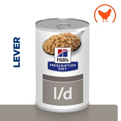 Hill's Prescription Diet l/d natvoer blik, tekst 'LEVER' en afbeelding van kip. Blik met lepel voer zichtbaar op het etiket.