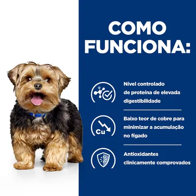 Como funciona: Nível controlado de proteína de elevada digestibilidade, baixo teor de cobre para minimizar a acumulação no fígado, antioxidantes clinicamente comprovados.