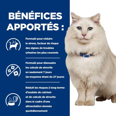 BÉNÉFICES APPORTÉS : Formulé pour réduire le stress, dissoudre les calculs de struvite en 7 jours, réduit les risques à long terme d’oxalate de calcium et de calculs de struvite.