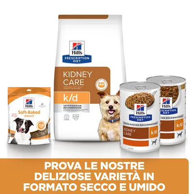 Hill's Prescription Diet Kidney Care k/d per cani, confezione di crocchette, biscotti Soft-Baked e due lattine. Testo: Prova le nostre deliziose varietà in formato secco e umido.