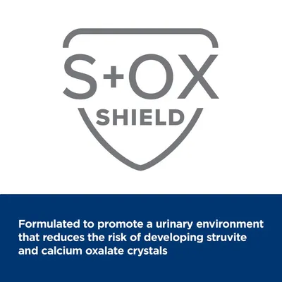 S+OX SHIELD. Formulated to promote a urinary environment that reduces the risk of developing struvite and calcium oxalate crystals (angol nyelvű szöveg).
