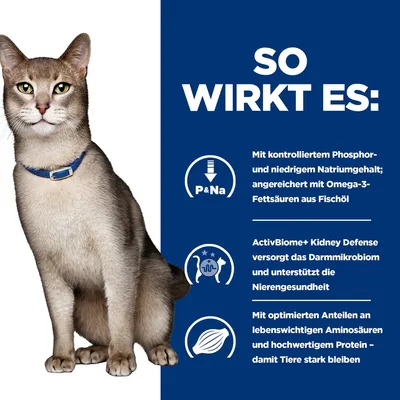 So wirkt es: Kontrollierter Phosphor- und Natriumgehalt, Omega-3-Fettsäuren; ActivBiome+ Kidney Defense für Darmmikrobiom und Nierengesundheit; Aminosäuren und Protein für starke Tiere.