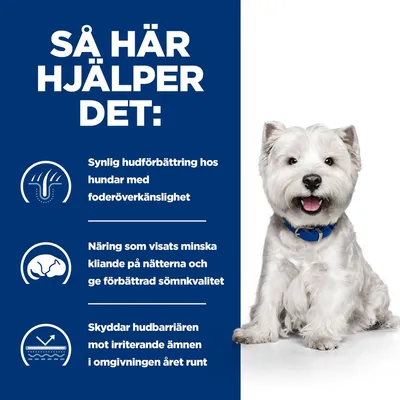 Så här hjälper det: Synlig hudförbättring hos hundar med foderöverkänslighet, minskat kliande nattetid och förbättrad sömnkvalitet, skyddar hudbarriären året runt.