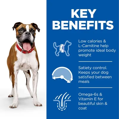 Key benefits: low calories and L-Carnitine for ideal body weight, satiety control to keep your dog satisfied between meals, omega-6s and vitamin E for healthy skin and coat.