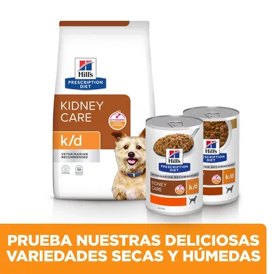 Hill's Prescription Diet Kidney Care k/d, pienso seco y latas húmedas para gatos. Texto: Prueba nuestras deliciosas variedades secas y húmedas.