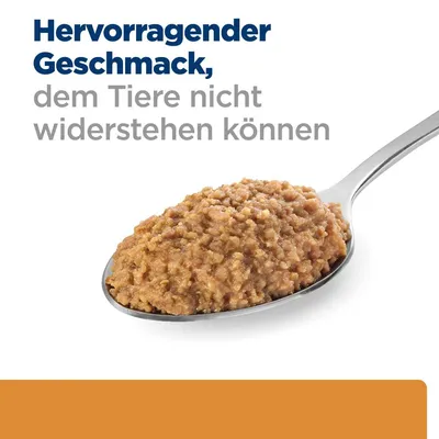 Texte en allemand : Hervorragender Geschmack, dem Tiere nicht widerstehen können. Cuillère contenant de la pâtée pour animaux.