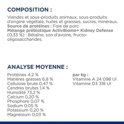 Composition : viandes et sous-produits animaux, foie de porc, mélange prébiotique ActivBiome+ Kidney Defense. Analyse moyenne : protéines 4,2 %, matières grasses 6,8 %, humidité 73,2 %, vitamines A et D3.
