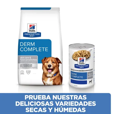 Hill's Prescription Diet Derm Complete pienso y lata para perros. Texto visible: skin care & food sensitivities, veterinarian recommended. Prueba nuestras deliciosas variedades secas y húmedas.