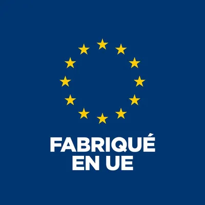 Fabriqué en UE, texte sous cercle de 12 étoiles jaunes sur fond bleu. Indique que le produit est fabriqué dans l’Union européenne.