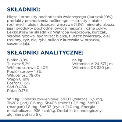 Składniki: mięso i produkty pochodzenia zwierzęcego (kurczak 10%), warzywa 1,1%, lekkostrawne składniki. Składniki analityczne: białko 8,9 %, tłuszcz 5,2 %, wilgotność 79 %.
