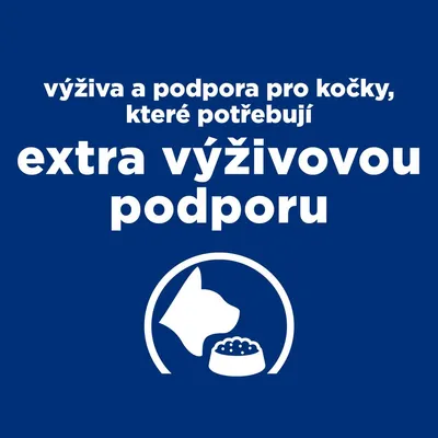 Text v češtine: výživa a podpora pro kočky, které potřebují extra výživovou podporu. Obrázok hlavy mačky a misky s krmivom.