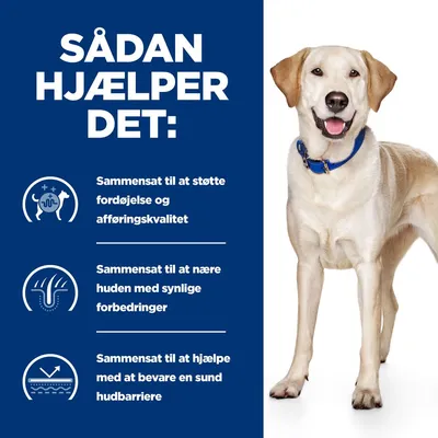 Sådan hjælper det: Sammensat til at støtte fordøjelse og afføringskvalitet, nære huden med synlige forbedringer samt bevare en sund hudbarriere. Hund ved siden af tekst.