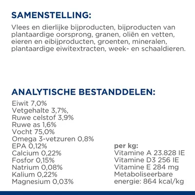 Samenstelling: vlees, dierlijke bijproducten, granen, oliën, vetten, eieren, groenten, mineralen. Analytische bestanddelen: eiwit 7%, vet 3,7%, vocht 75%, energie 864 kcal/kg.