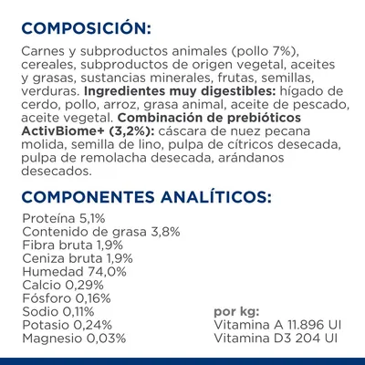 Composición: carnes y subproductos animales (pollo 7%), cereales, aceites, frutas, semillas. Componentes analíticos: proteína 5,1 %, grasa 3,8 %, fibra 1,9 %, humedad 74 %.