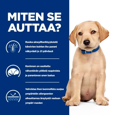 Miten se auttaa? Ruoka-aineyliherkkyyksistä kärsivien koirien iho parani näkyvästi jo 21 päivässä. Ravinnon on osoitettu vähentävän yöllistä raapimista ja parantavan unen laatua. Vahvistaa ihon suojaa allergeeneja vastaan.