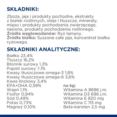 Składniki: zboża, jaja, oleje, tłuszcze, minerały, mięso, nasiona. Składniki analityczne: białko 23,4 %, tłuszcz 16,2 %, błonnik 1,3 %, popiół 7,1 %, witaminy A, D3, E, C, beta-karoten. Składniki: zboża, jaja, oleje, tłuszcze, minerały, mięso, nasiona. Składniki analityczne: białko 23,4 %, tłuszcz 16,2 %, błonnik 1,3 %, popiół 7,1 %, witaminy A, D3, E, C, beta-karoten.