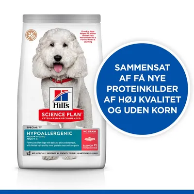 Hill's Science Plan Hypoallergenic hundefoder, medium 11–25 kg, adult 1–6, NO GRAIN, SALMON #1 protein source. Tekst: Sammensat af få nye proteinkilder af høj kvalitet og uden korn.