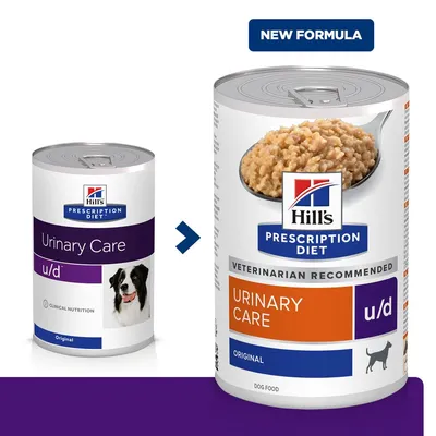 Hill's Prescription Diet Urinary Care u/d Original para perros, imagen comparativa de envase antiguo y nuevo con texto 'NEW FORMULA'. Visible comida húmeda en lata grande.
