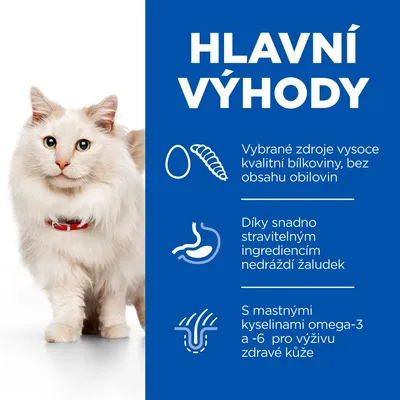 Hlavní výhody: vybrané zdroje vysoce kvalitní bílkoviny bez obilovin, snadno stravitelné ingredience, s mastnými kyselinami omega-3 a -6 pro výživu zdravé kůže.