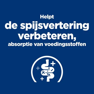 Helpt de spijsvertering verbeteren, absorptie van voedingsstoffen. Afbeelding van een gestileerde darm met plus- en stippeniconen.