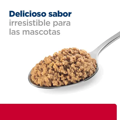 Delicioso sabor irresistible para las mascotas. Imagen de una cuchara con comida húmeda para mascotas.